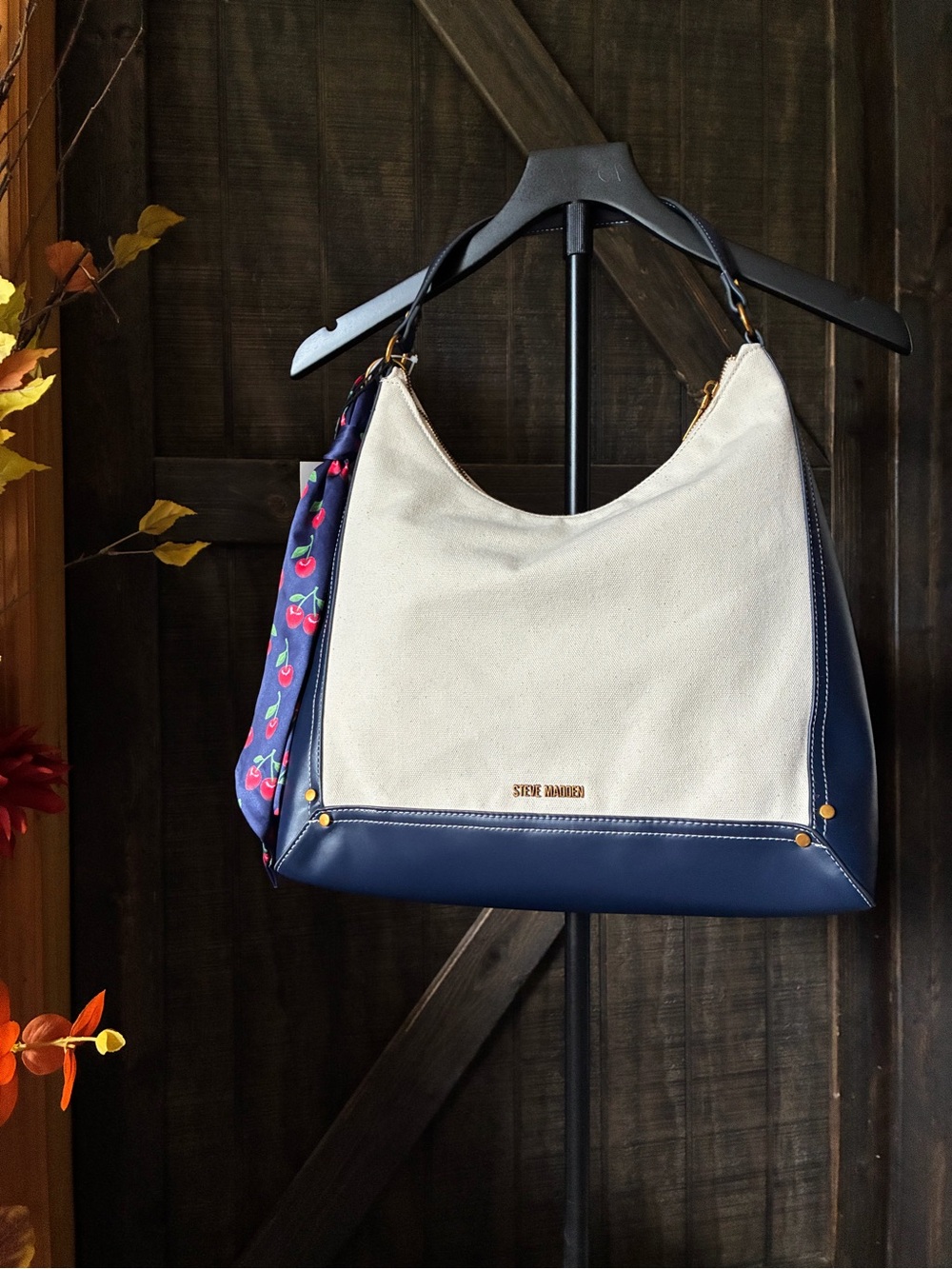 Steve Madden Cream and Navy Hobo Shoulder Bag with Cherry Scarf Accent